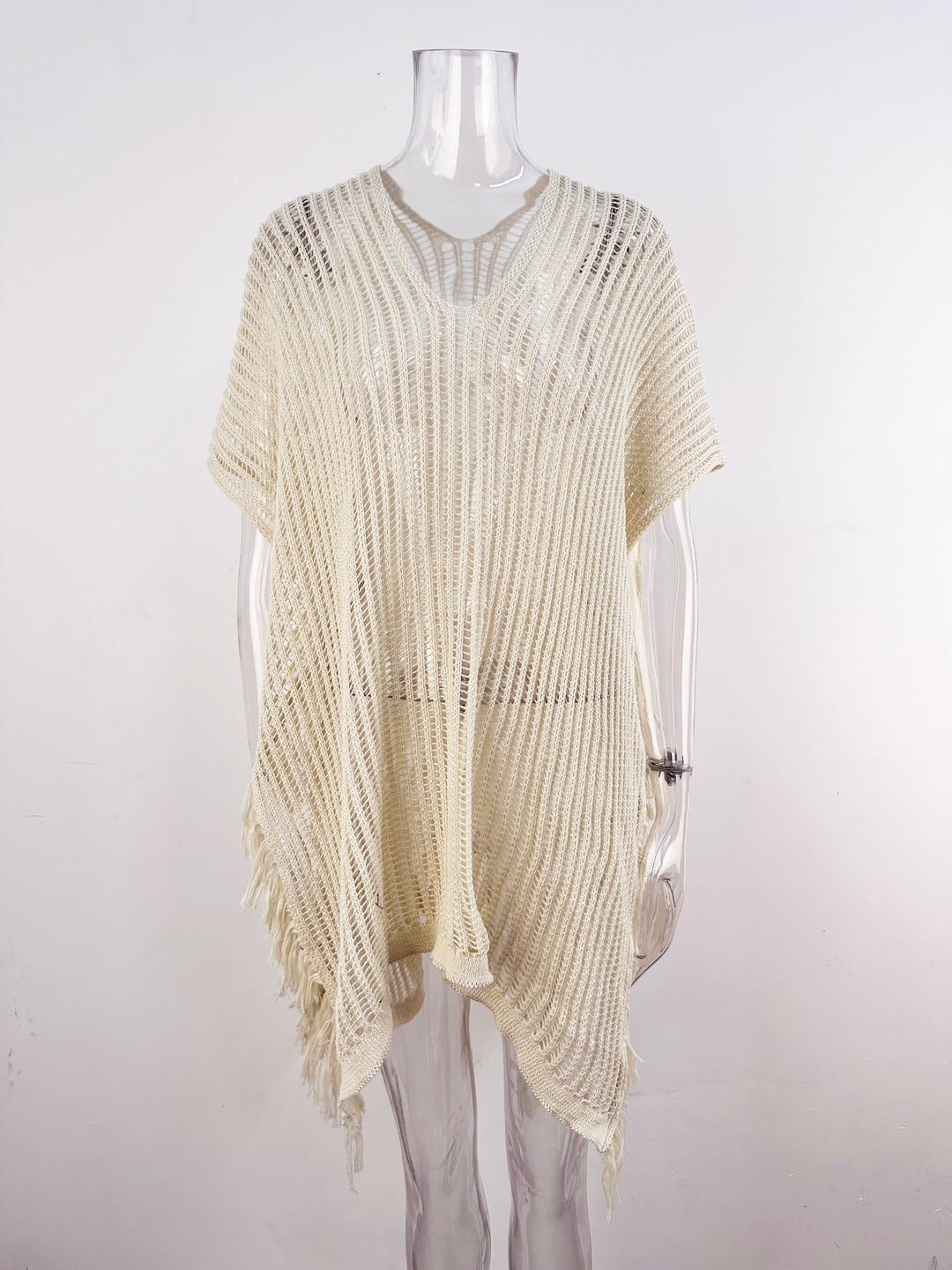 Summer Mid Length V neck Hollow Out Cutout Tassel Beachwear Holiday Shirt Seaside Sun Protection Clothing