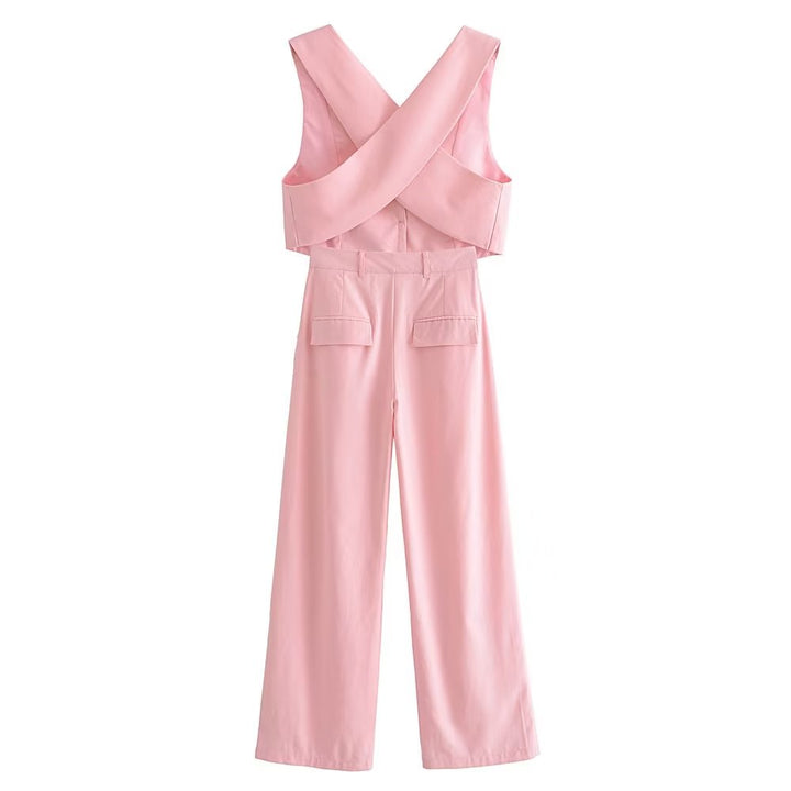 Women Clothing French All Match Decorated Row Button Vest Top Wide Leg Pants Suit Crisscross