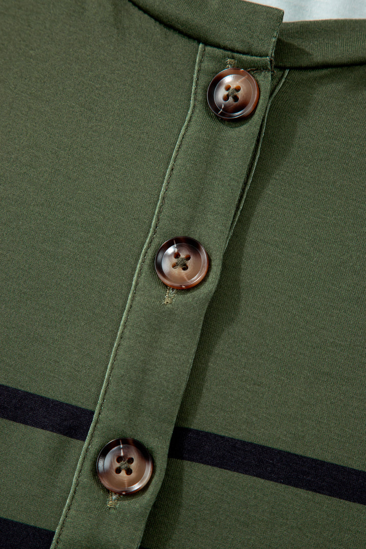 Four Leaf Clover Striped Half Buttons Crew Neck T-Shirt