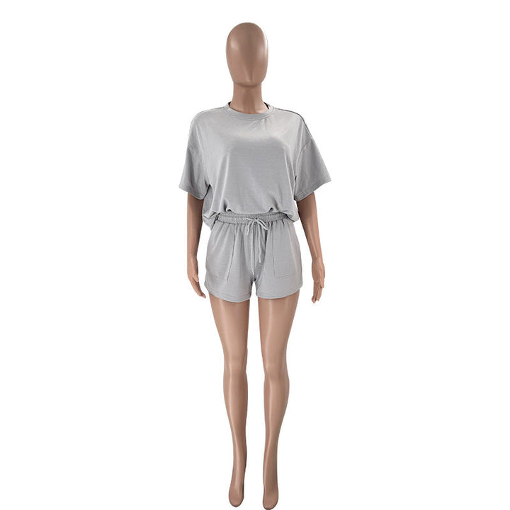Solid Color round Neck Half Sleeve Pullover Top Women Clothing Casual Shorts Suit Summer