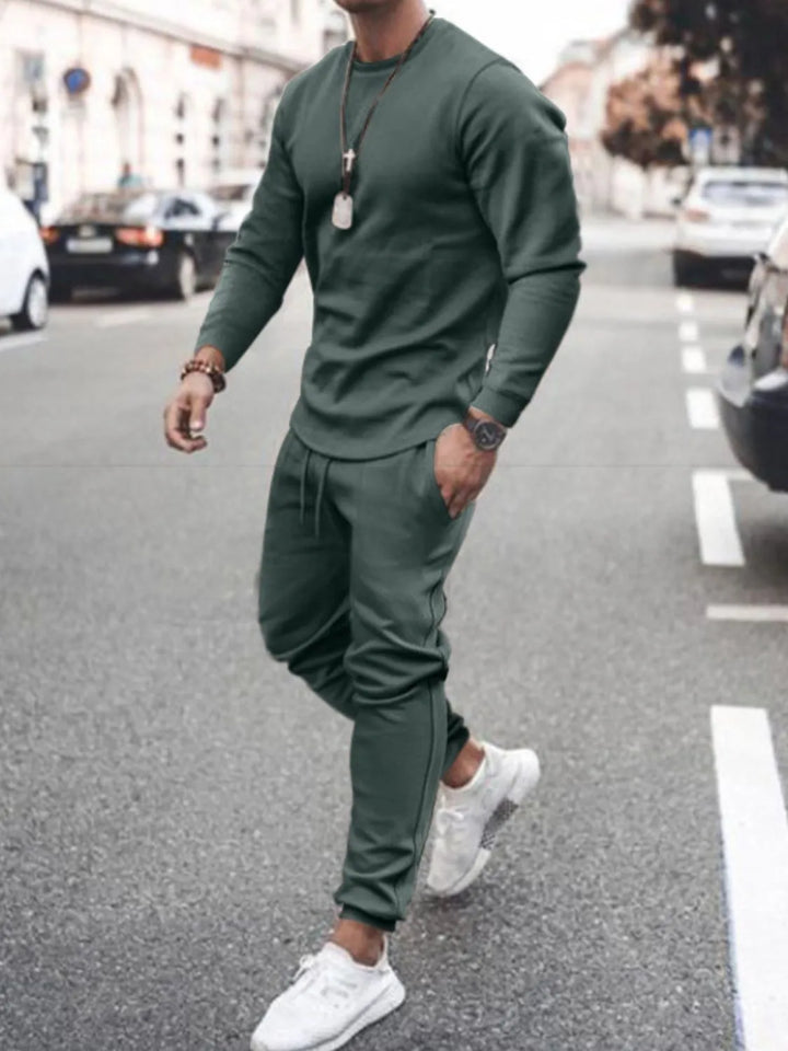 Men's Full Size Round Neck Long Sleeve Top and Pants Set Plus Size