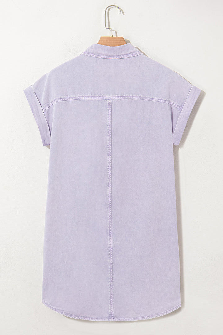 Robe chemise en jean à manches courtes et double poche poitrine à pétales d'orchidée