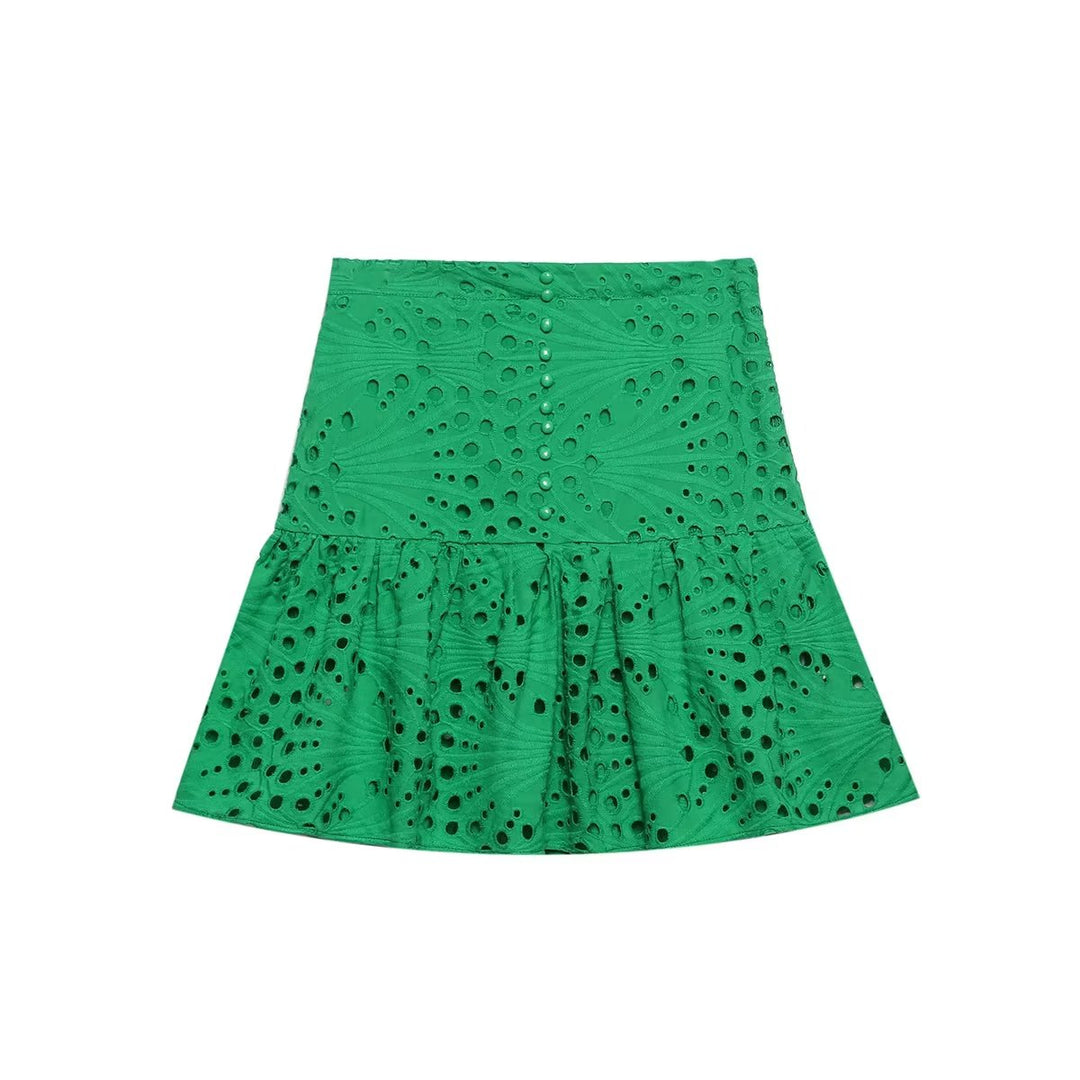 Women Clothing Embroidered Laminated Decoration Green Skirt