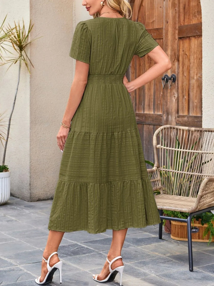 Tiered Notched Short Sleeve Dress
