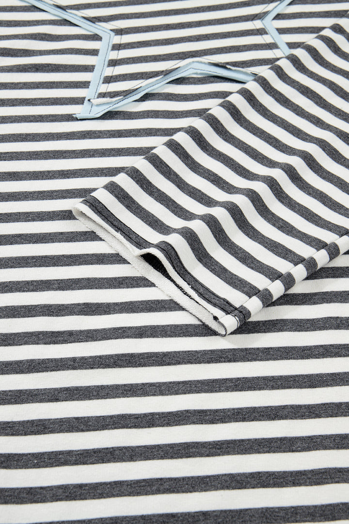 Gray Stripe Contrast Star Stitched Plus Size Long Sleeve Top