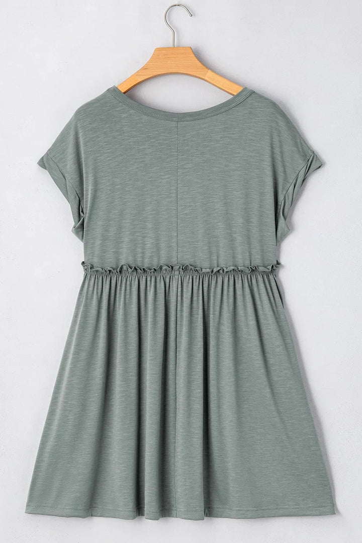 Frilled Gathered Seam Round Neck T Shirt Dress