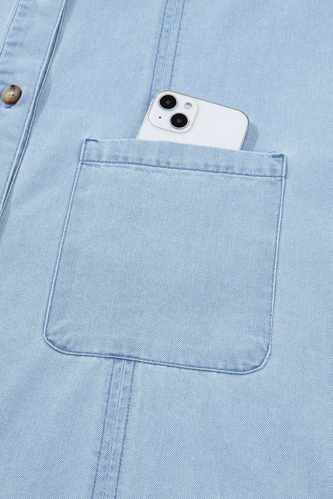 Beau Blue Ruffled Edge Collared Shift Denim Dress with Pockets