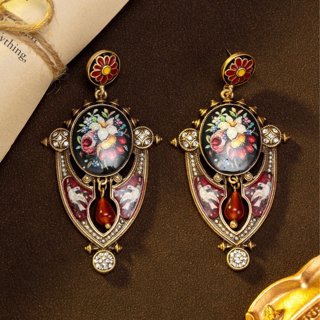 Floral Mural Shield Stud Earrings Regal And Elegant