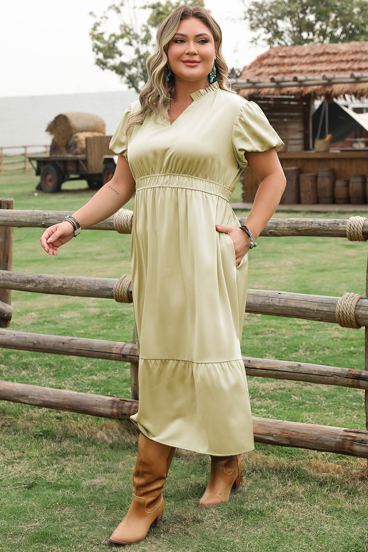 Laurel Green Notched V Neck Puff Sleeve Tiered Plus Size Maxi Dress