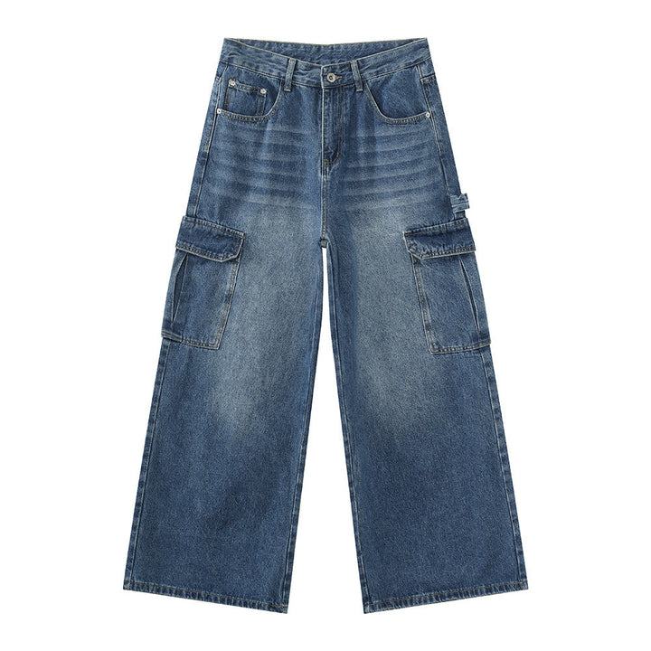 Bleached Wide-leg Multi-pocket Straight-leg Casual Work Pants