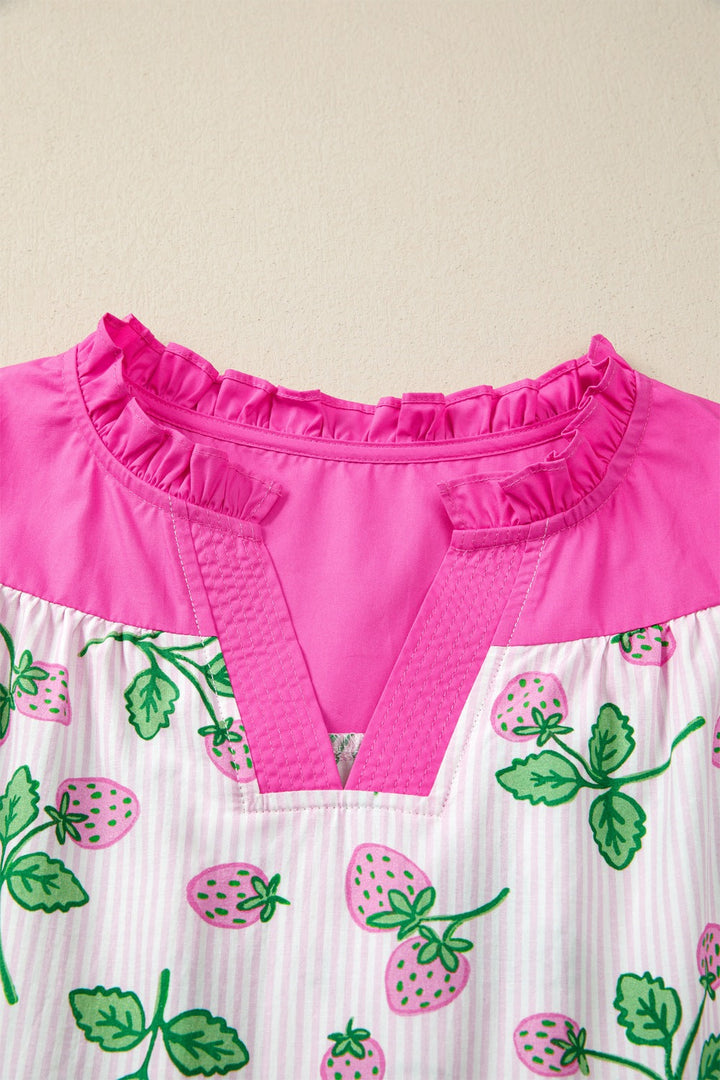 Striped Strawberry Printed Color Block Patchwork V Neck Flutter Sleeve Blouse