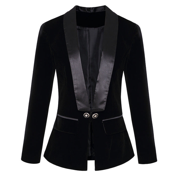 Autumn Winter Satin Green Fruit Collar Slim Velvet Blazer for Women
