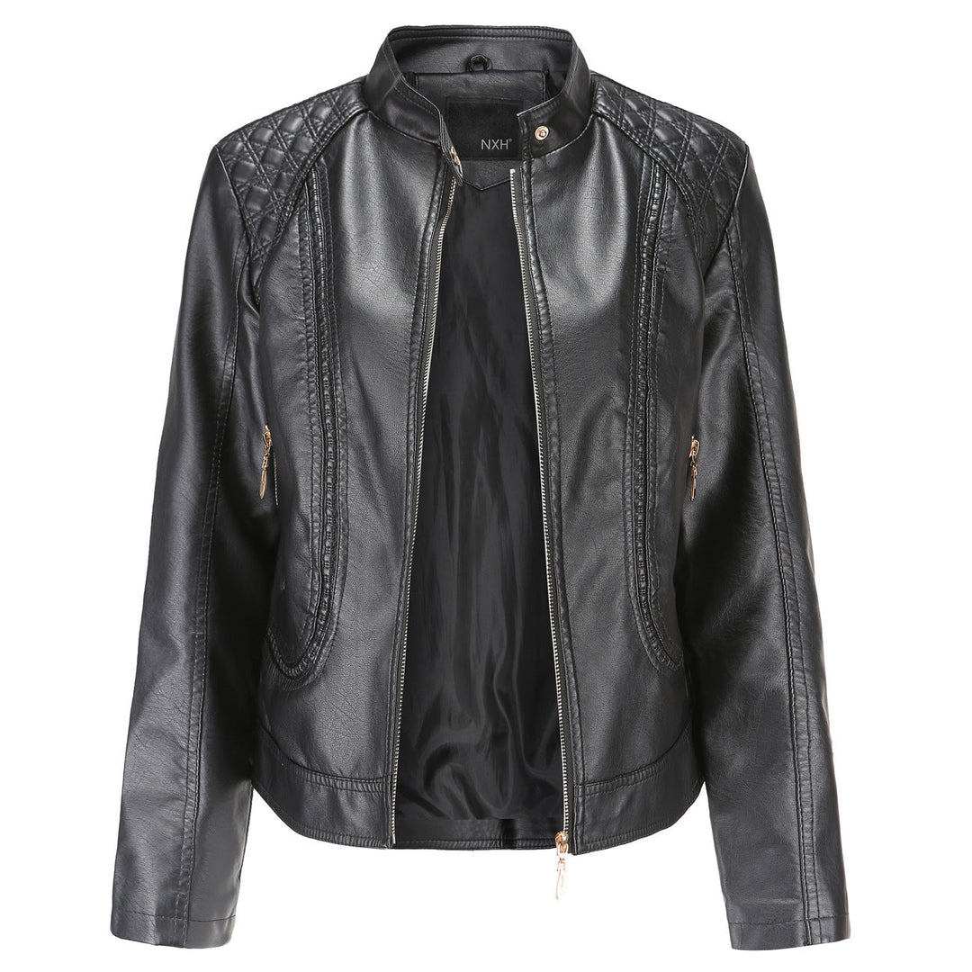 New Spring Autumn Women Leather Jacket Women Graceful Stand Collar Faux Leather Women Leather Jacket Women Leather Coat