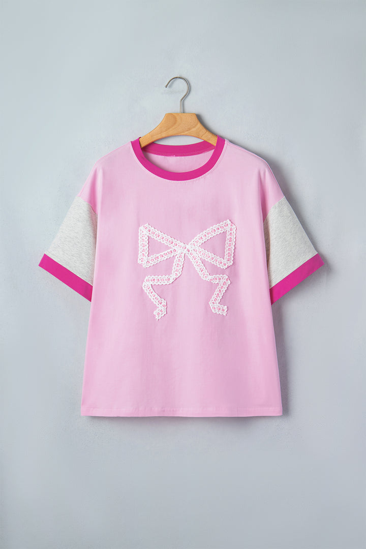 Gossamer Pink Embroidered Bow Detail Color Block Loose Tee