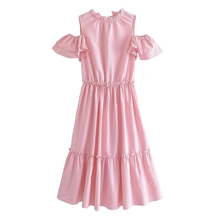 Women Clothing Summer Elegant Socialite Striped Flounced Sleeve Backless Ruffled Stitching Dress