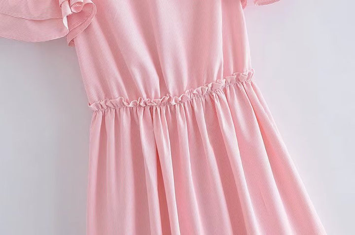 Women Clothing Summer Elegant Socialite Striped Flounced Sleeve Backless Ruffled Stitching Dress