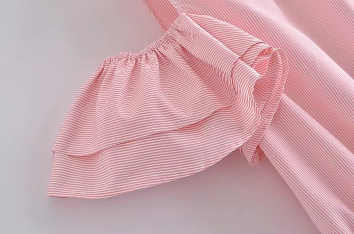 Women Clothing Summer Elegant Socialite Striped Flounced Sleeve Backless Ruffled Stitching Dress