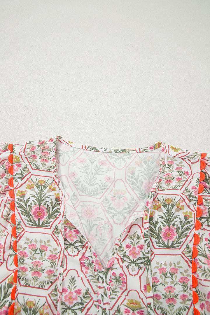 Pink Floral Print Tassel Tie V Neck Scalloped Detail Loose Mini Dress