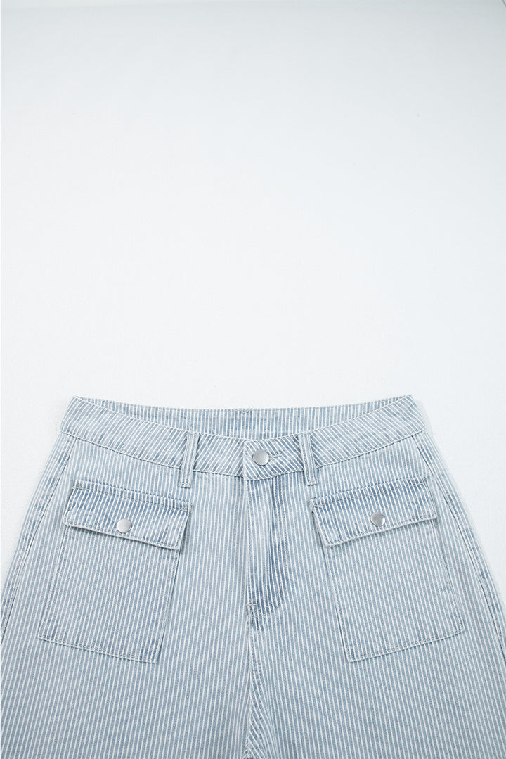 Sky Blue Stripe Button Flap Pocket Cuffed Hem Wide Leg Jeans