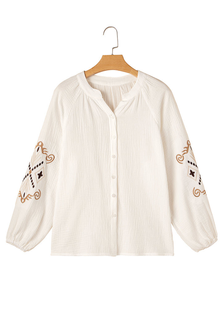 White Embroidered Textured Buttoned Crew Neck Shirt