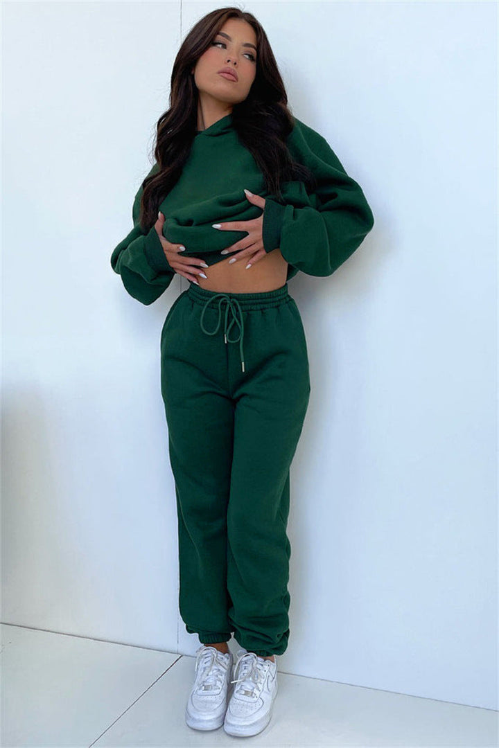 Autumn Winter Solid Color Long Sleeve Hooded Fleece Lined Sweater Women Casual Trousers sets