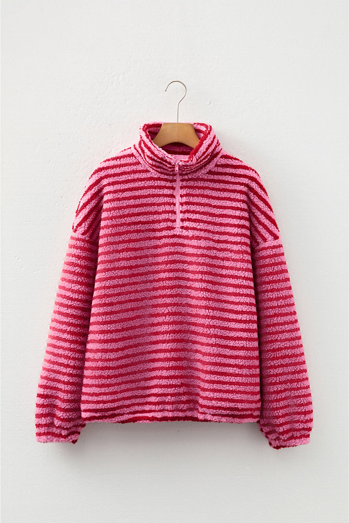 Pink Stripe Quarter Zip Fleece Oversize Sweatshirt
