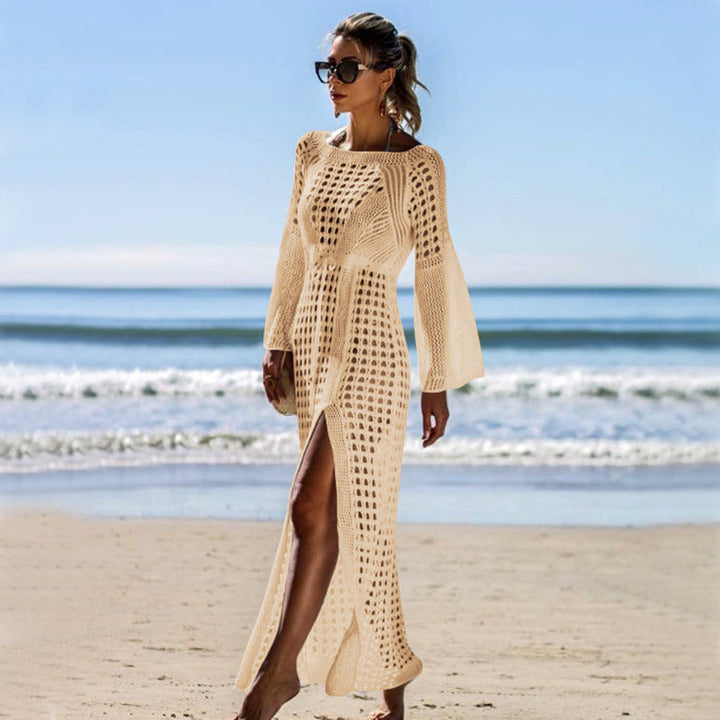Sexy Cutout Knitted Beach Dress Long Sleeve Split Vacation Dress Swimsuit Blouse Sun Protection Clothing Crochet hook
