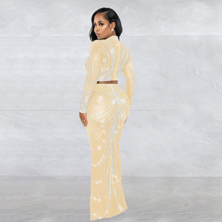 Women Wear Mesh Drilling See through Long Sleeve Dress Two Piece Set