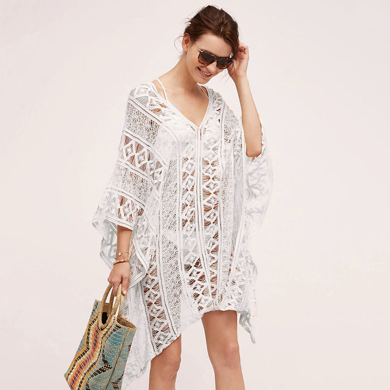 Cotton Hollow Out Cutout Sweater Spring Vacation Loose Bikini Cover Up Swimsuit Blouse Beach Sun Protection Clothing Crochet hook