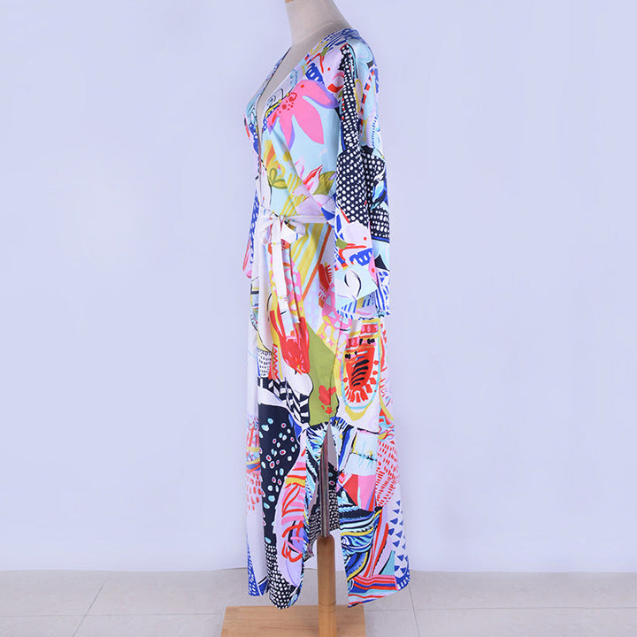 Rayon Printed Mid Length Beach Sun Protection Cardigan Beach Cover Up Swimsuit Outwear Shawl
