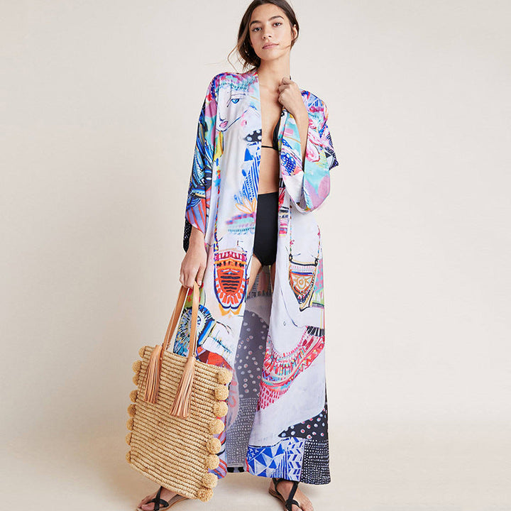 Rayon Printed Mid Length Beach Sun Protection Cardigan Beach Cover Up Swimsuit Outwear Shawl