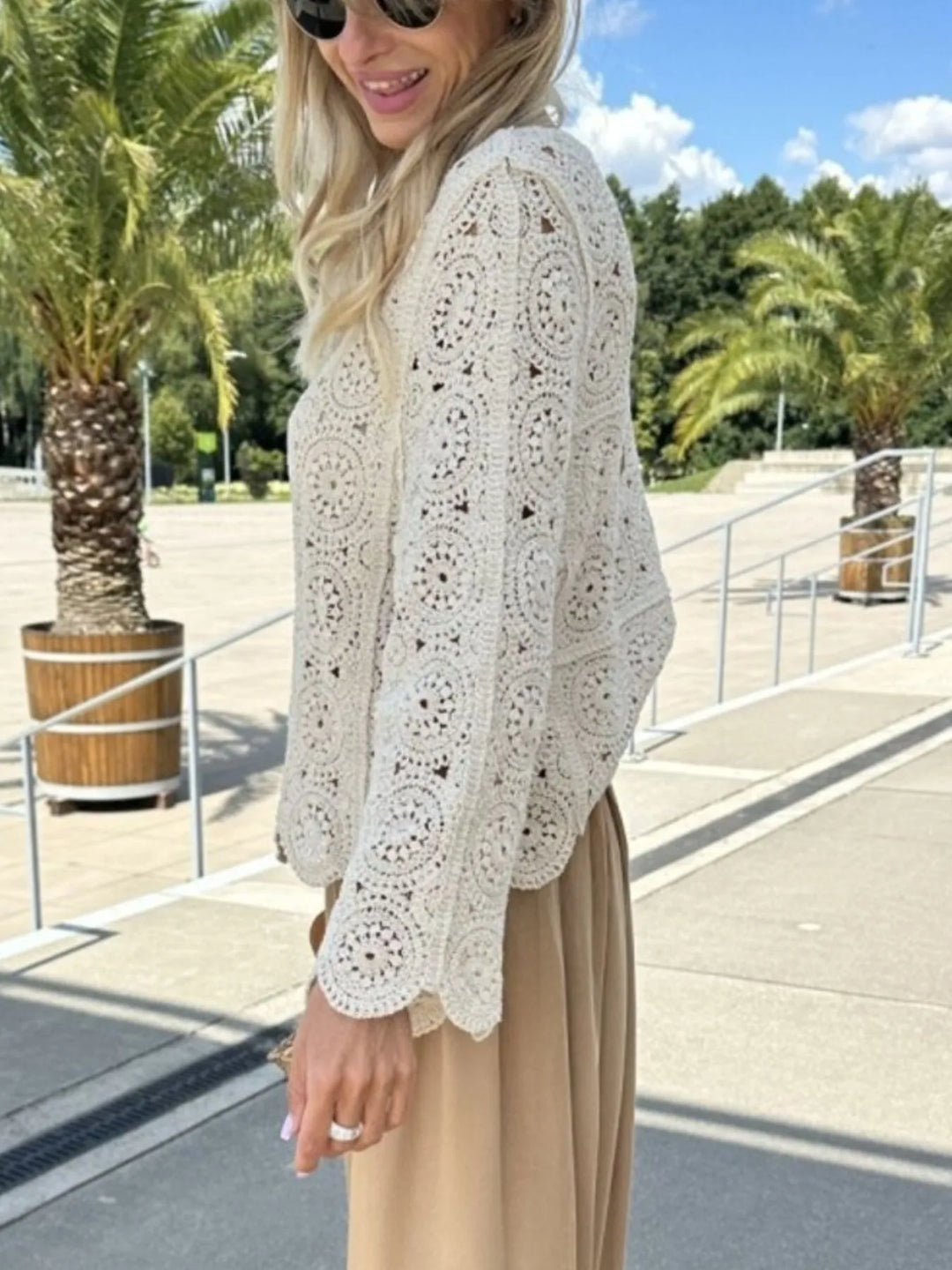 Crochet Lace V-Neck Bell Sleeve Knit Top