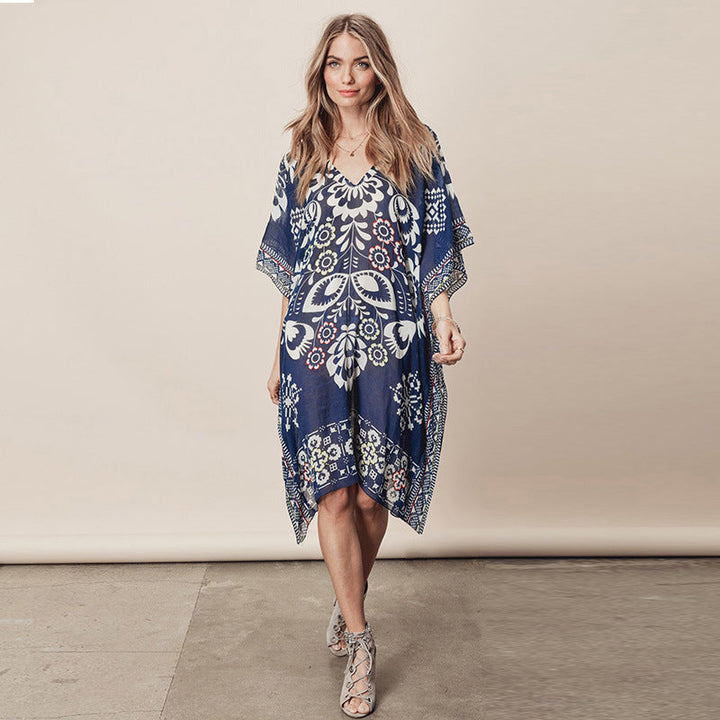Navy Blue Positioning Floral Chiffon V neck Loose Beach Cover Up Beach Dress Swimwear Cover up Women Cover
