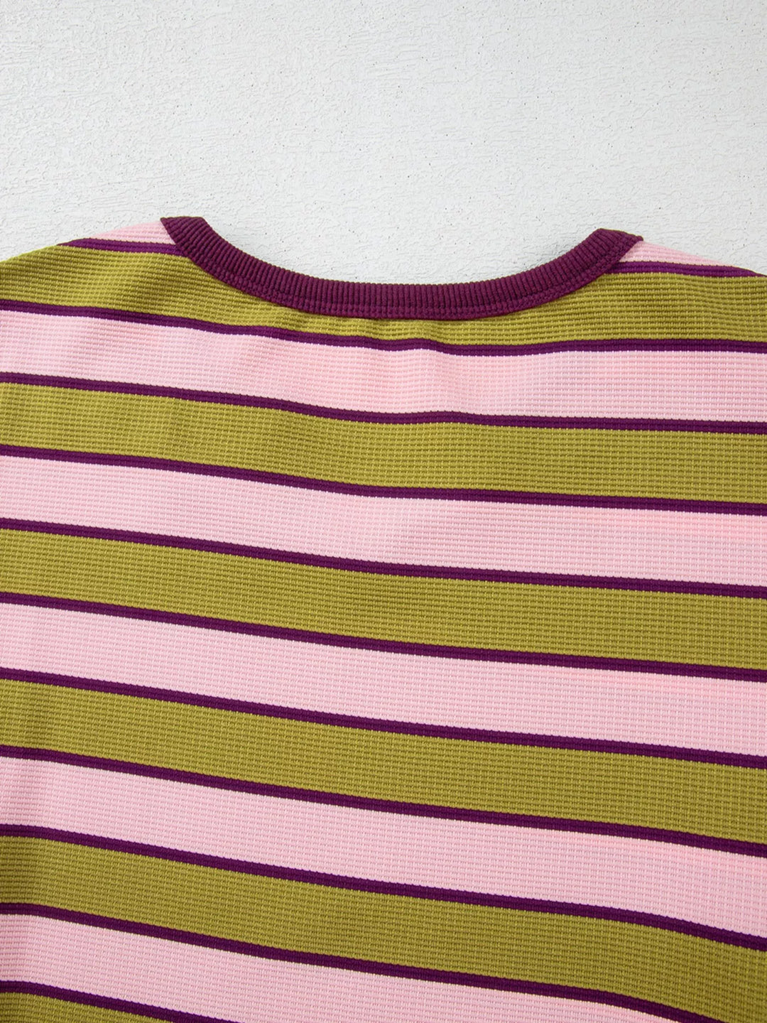 Stripes Waffle Texture Notched Neck Long Sleeve Top