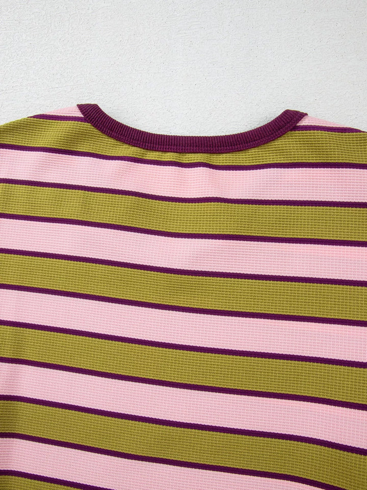 Stripes Waffle Texture Notched Neck Long Sleeve Top