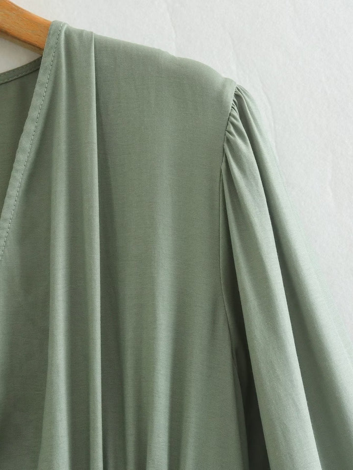Intellectual Elegant V Neck Dress Autumn Solid Color High Waist A Line Dress Fashionable Pleated Dress Women