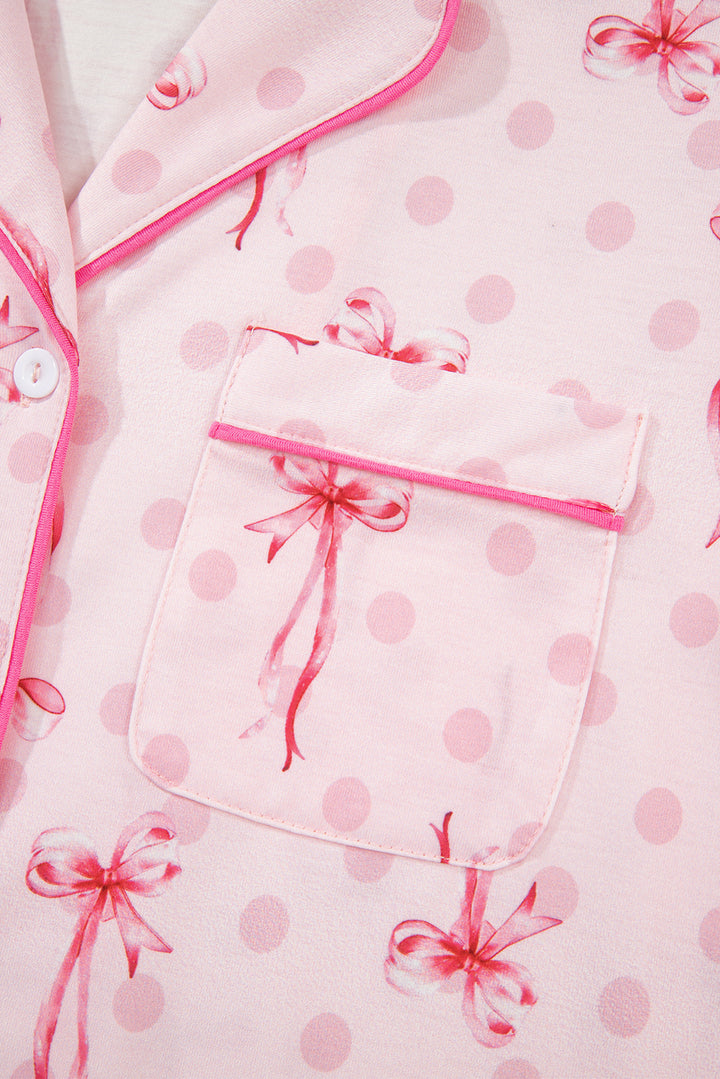 Pink Bow Print Contrast Pipping Short Pajamas Set