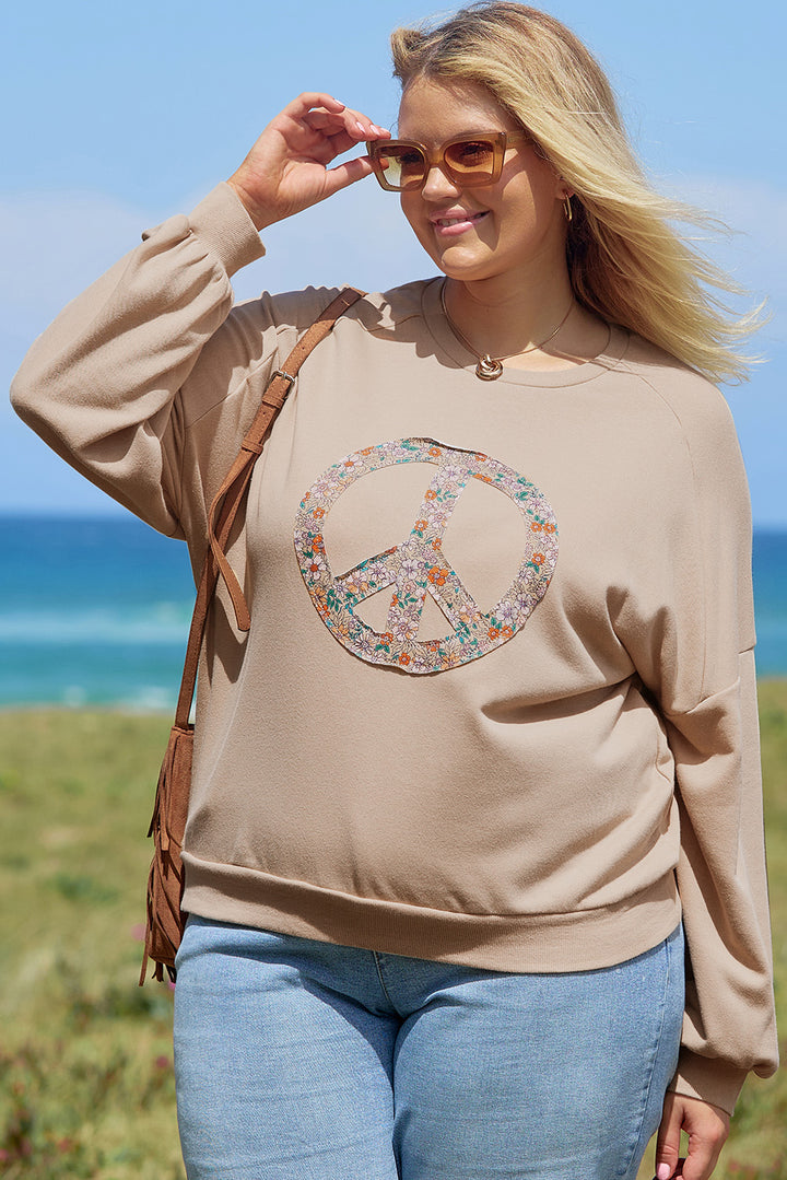 Sweat-shirt grande taille en tissu éponge délavé kaki pâle à motif floral et signe de paix