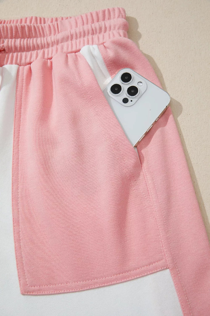 Two-tone Color Block Patchwork Tee Drawstring Loose Pant Set