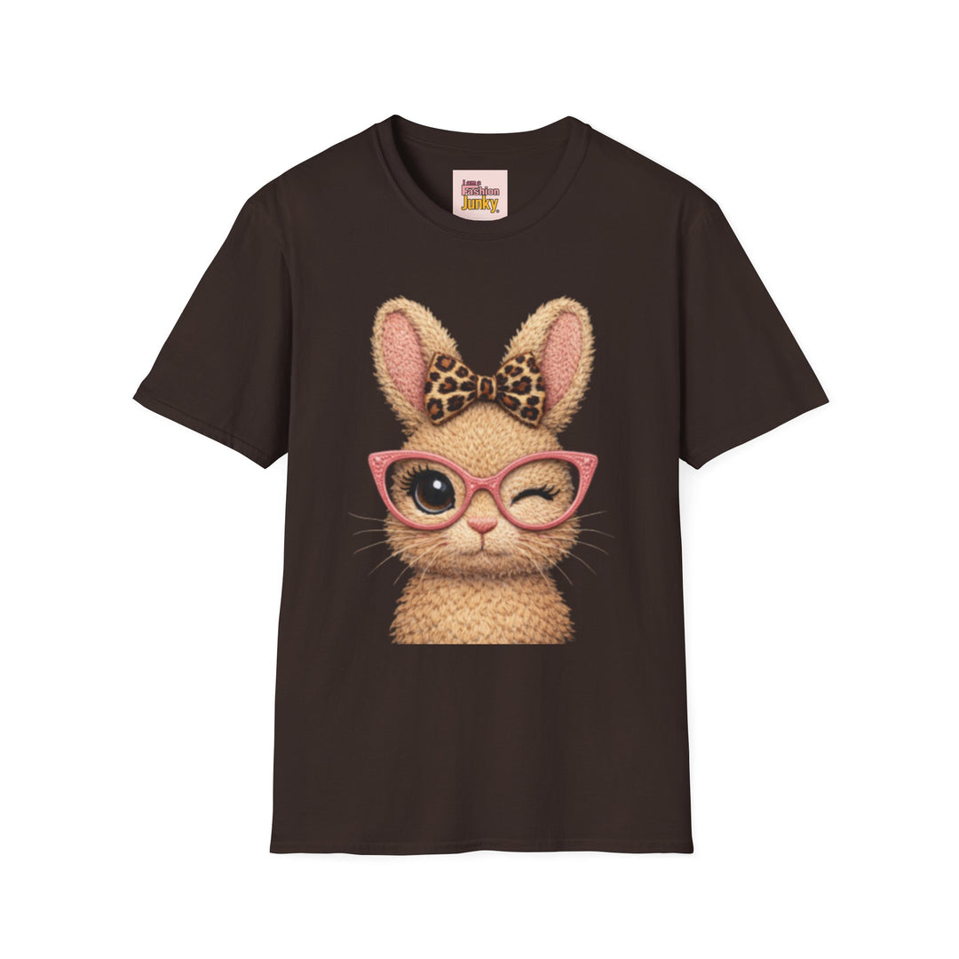 Winking Bunny Graphic Tee — Cute Bunny with Leopard Bow & Pink Glasses