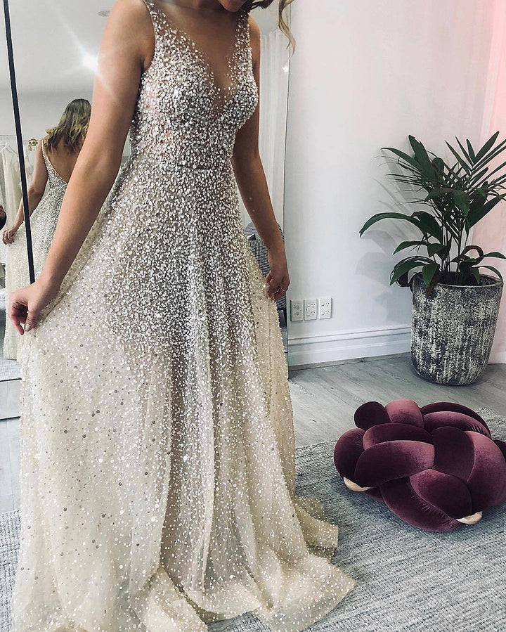 Spring Summer Women Clothing Gold V neck Dress Sling Gradient Mop Dress