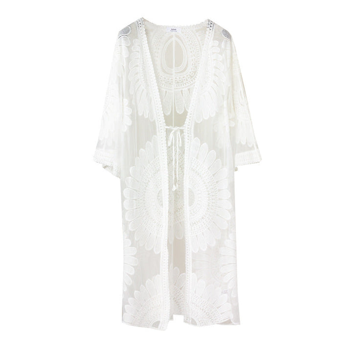 SUNFLOWER Lace Embroidered Beach Cover Up Vacation Sun Protection Cardigan
