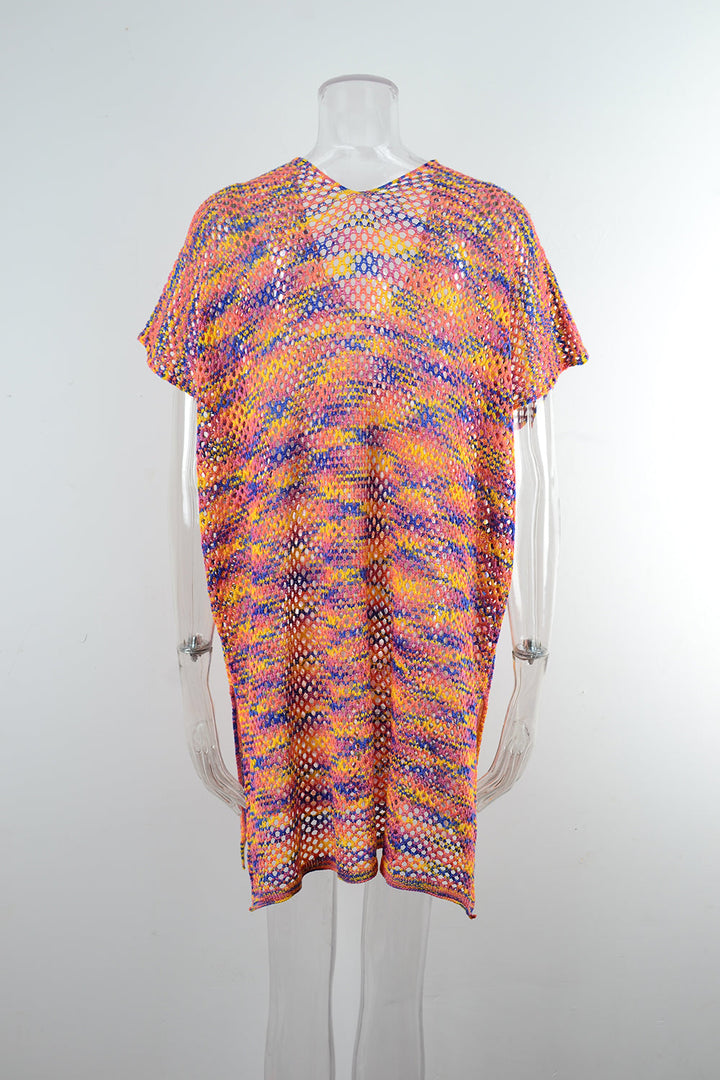 Blouse Summer Rainbow Stitching Hollow Out Cutout Loose Bikini Beach Shirt Knitwear