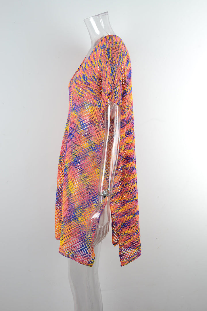 Blouse Summer Rainbow Stitching Hollow Out Cutout Loose Bikini Beach Shirt Knitwear