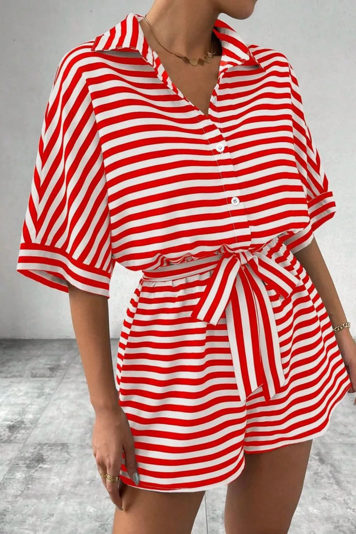 Striped Collared Neck Tie Waist Romper