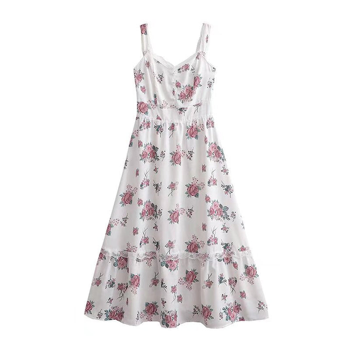 Spring Women Clothing Sweet Lace Stitching Printing Slip Dress