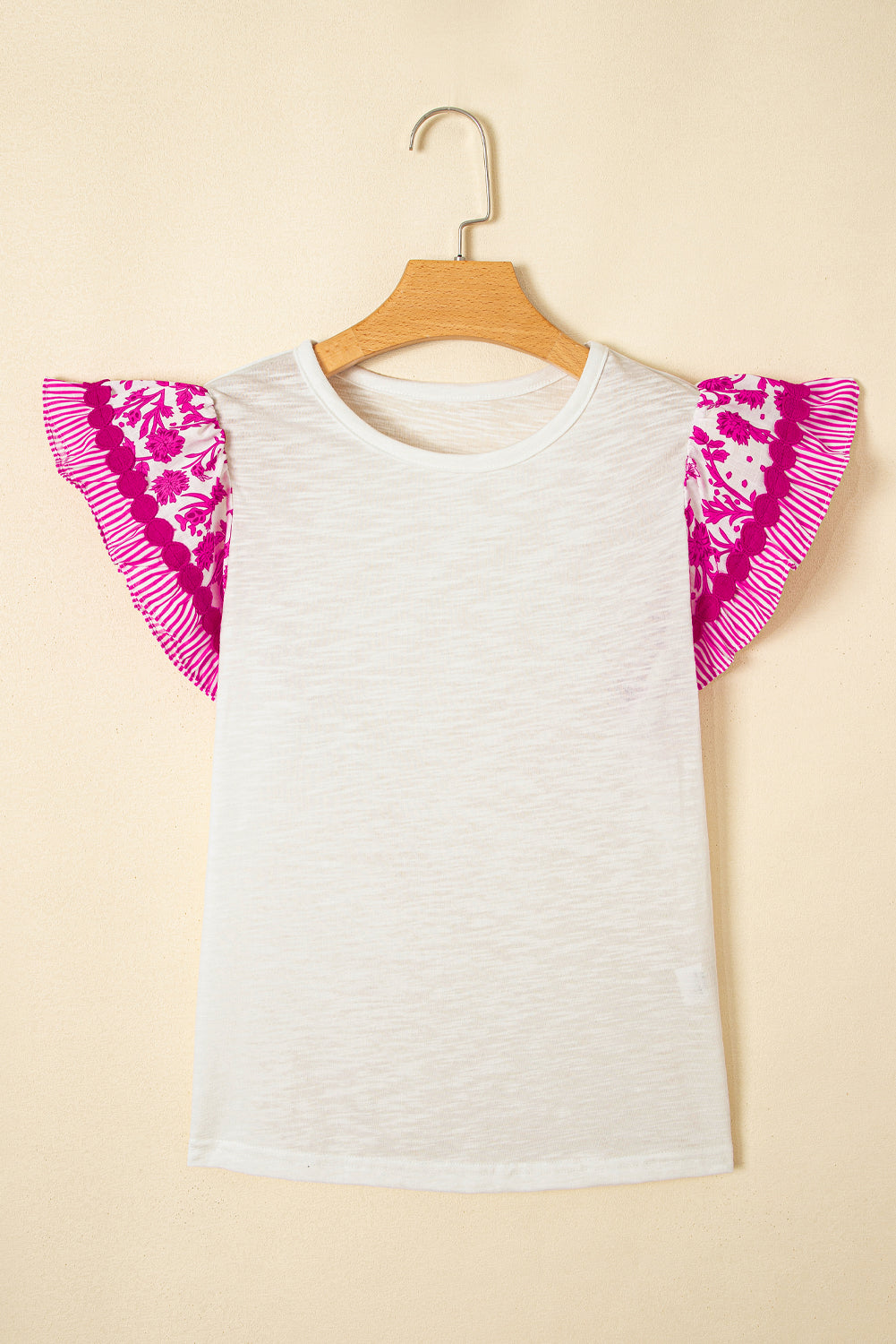 Rose Ricrac Trim Printed Flutter Sleeve Contrast Patchwork Blouse