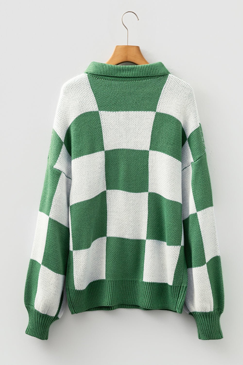 Mist Green Checkered Pattern Polo Collar Loose Sweater