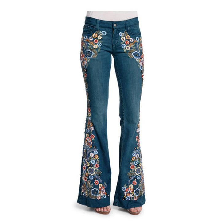 Women Jeans Embroidered Slim Fit Slimming Washed Bell-Bottom Pants Jeans for Women