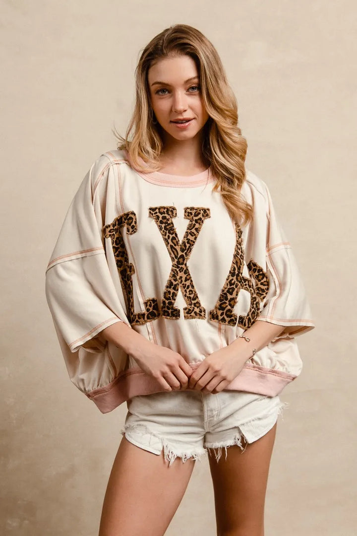 BiBi Leopard Print Texas Patchwork Overlock Stitch Top